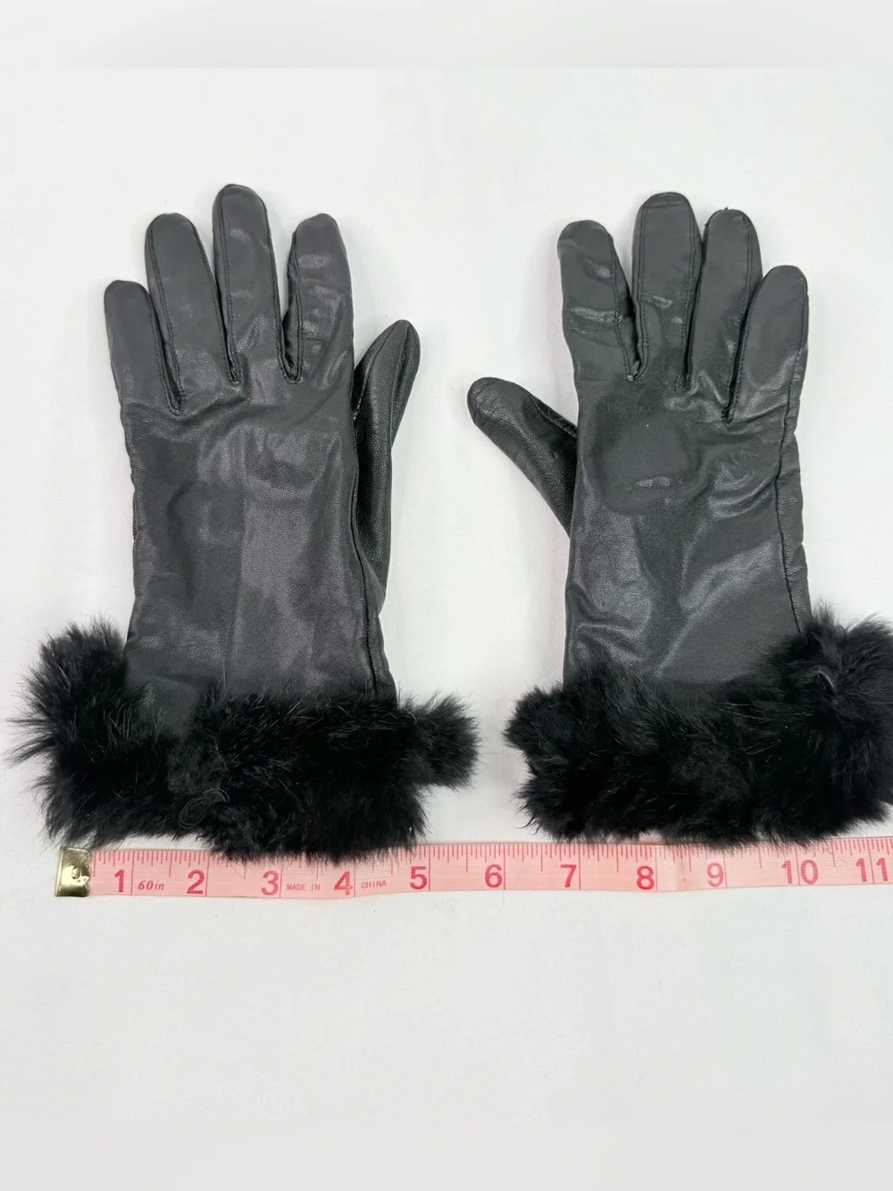 Vintage Black Goat Skin Leather Rabbit Fur Trim Gloves Size Medium/Large